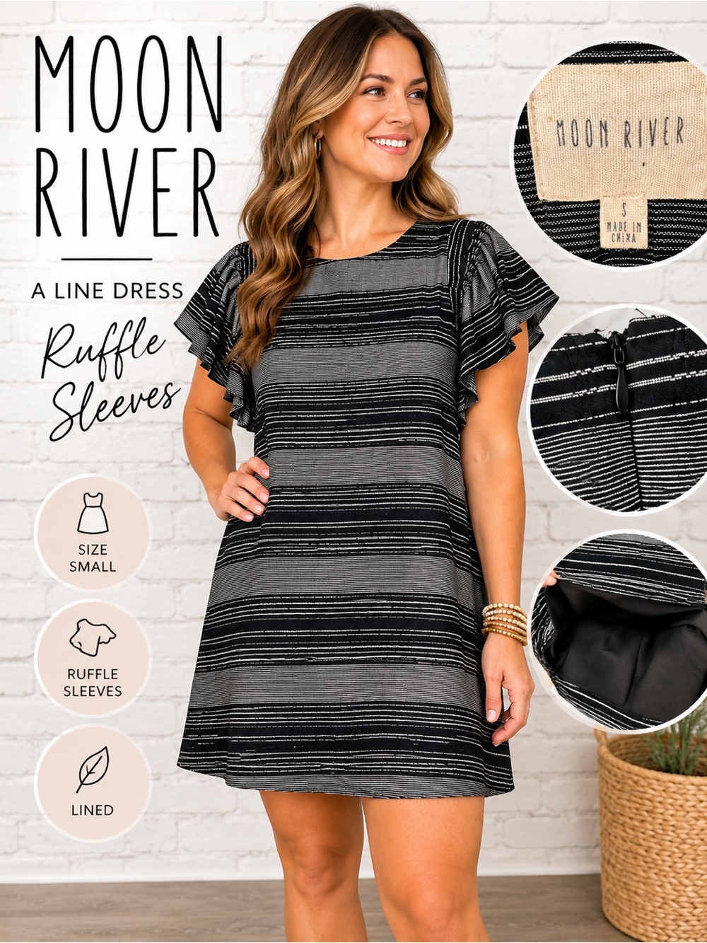 Moon River Striped A-Line Ruffle Sleeve Dress Black Gray Size Small